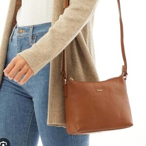 Paul Costelloe Tan Pebbled Leather Crossbody Bag with Gold Fox Logo Emblem